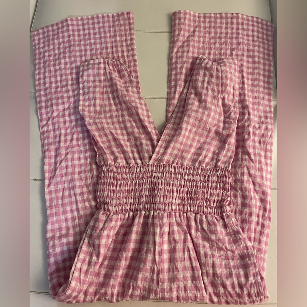 New Felicity apparel pink gingham cotton ruched waist jumpsuit Small